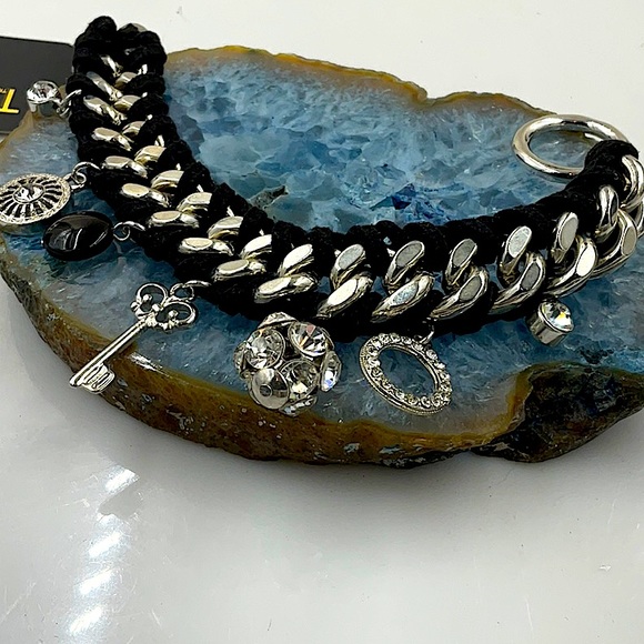 MIXIT 7” Black Leather Weaved Through Silver Charm Bracelet - Picture 2 of 7